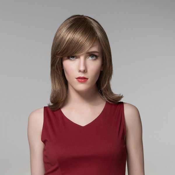 

7 Colors Side Bang Human Hair Medium Wigs Fluffy Virgin Remy Mono Top Capless, 27-613# golden brown with blonde;30-613# brown with blonde;2-33# red mixed black;27# golden blonde;33# dark auburn brown;6# medium brown;2# black