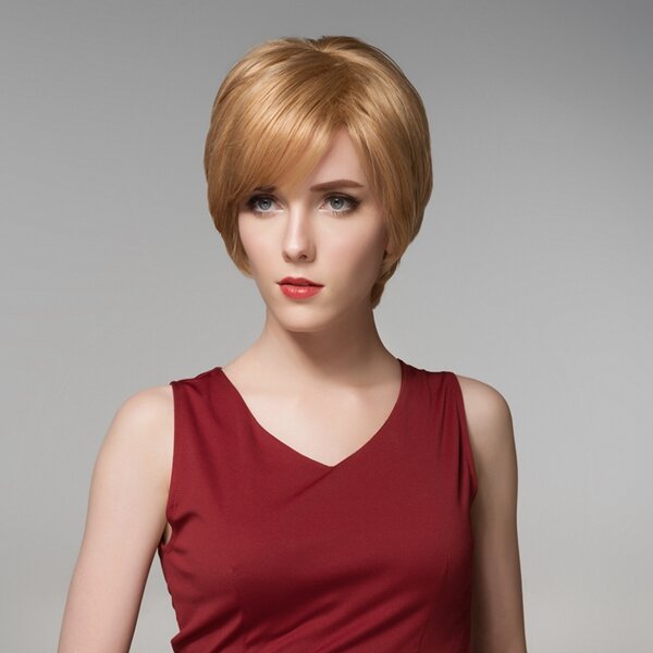 

12 Colors Short Straight Side Bang Human Hair Wig Virgin Remy Mono Top Capless, 30-613# brown with blonde