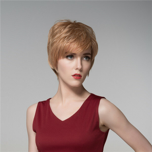 

Lady Short Cool Straight Human Hair Wig Virgin Remy Mono Top Capless Side Bang 14 Colors, 30-613# brown with blonde