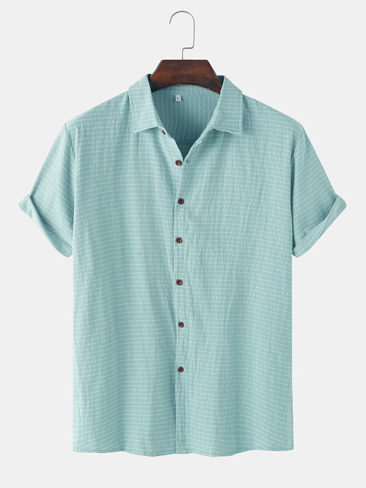 

Mens Seersucker Stripe Lapel Cotton Casual Short Sleeve Shirts, Blue