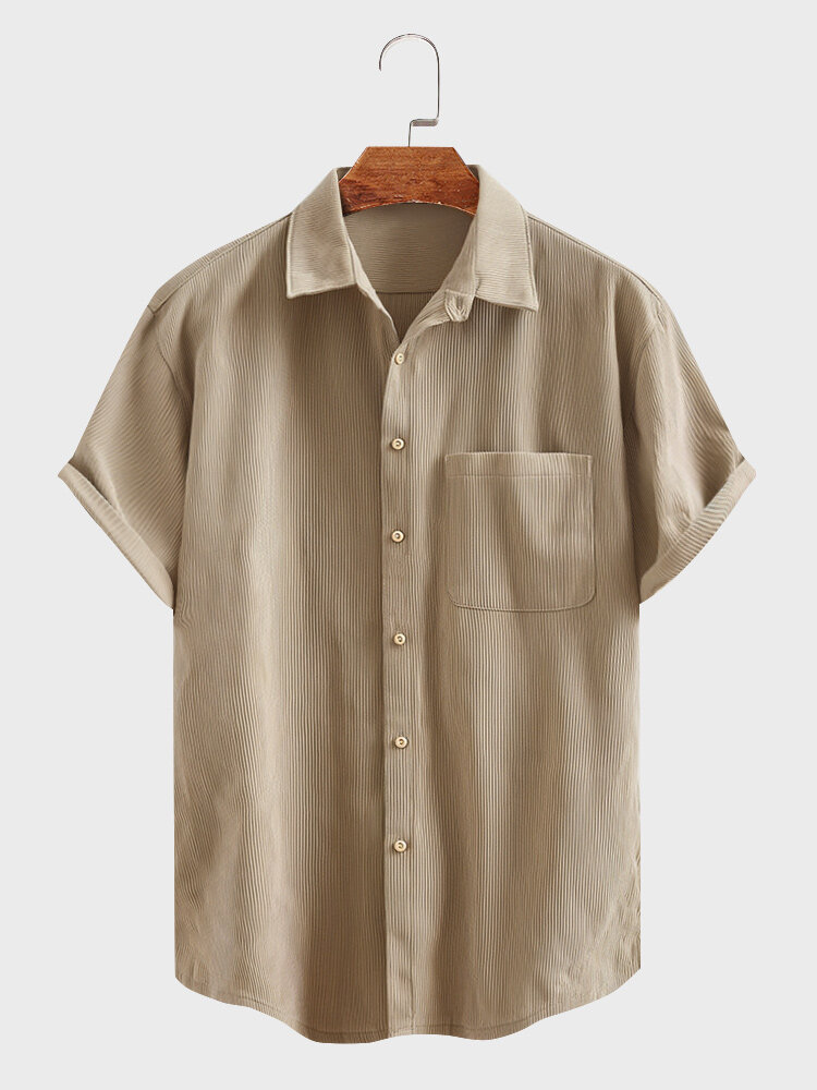 

Mens Solid Color Corduroy Lapel Short Sleeve Shirt, Khaki