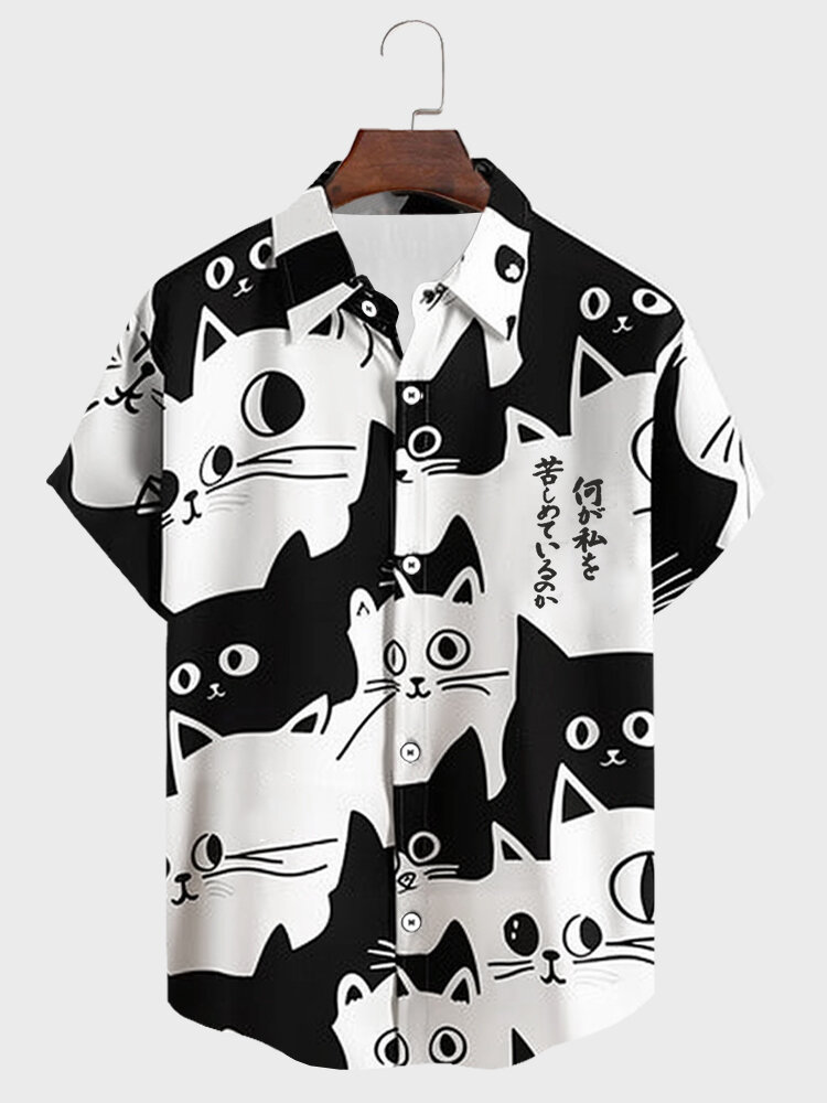 

Mens Allover Cat Japanese Print Lapel Short Sleeve Shirts, Black