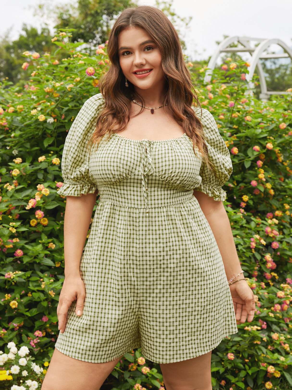 

Plus Size Square Neck Plaid Drawstring Backless Playsuit, Green