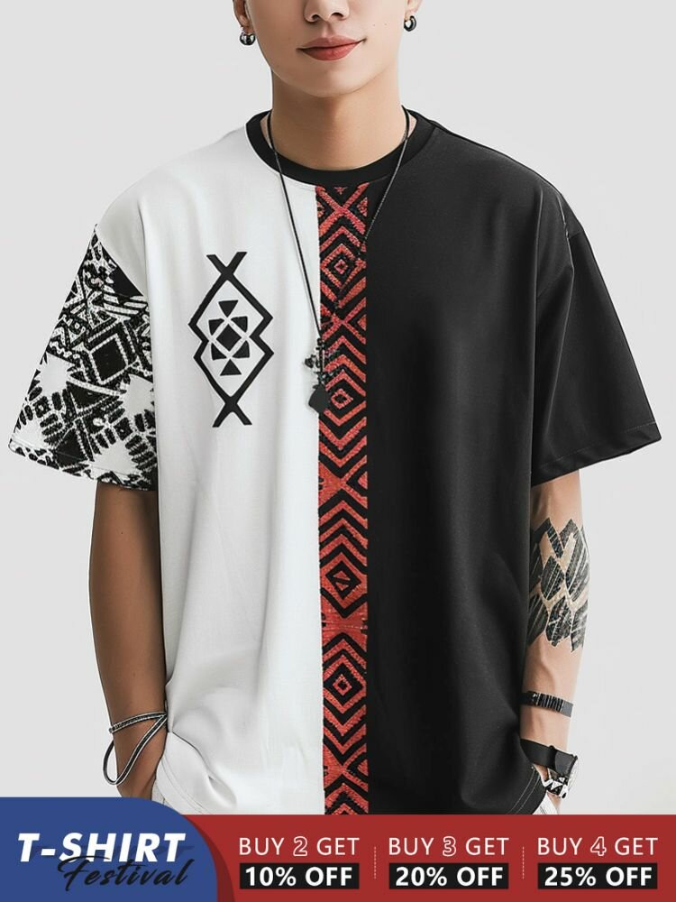 

Mens Geometric Ethnic Pattern Patchwork Crew Neck Short Sleeve T-Shirts, Black