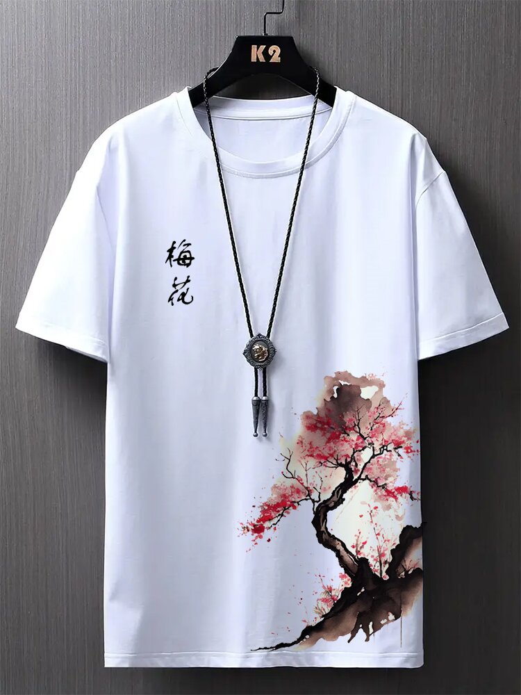 

Mens Chinese Ink Plum Bossom Print Crew Neck Short Sleeve T-Shirts Winter, White