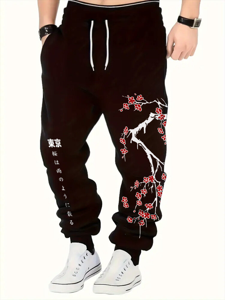 

Mens Japanese Tokyo Cherry Blossoms Print Drawstring Waist Pants, Black