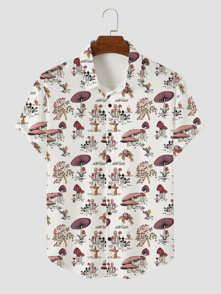 

Mens Allover Mushrooms Print Button Up Short Sleeve Shirts, White