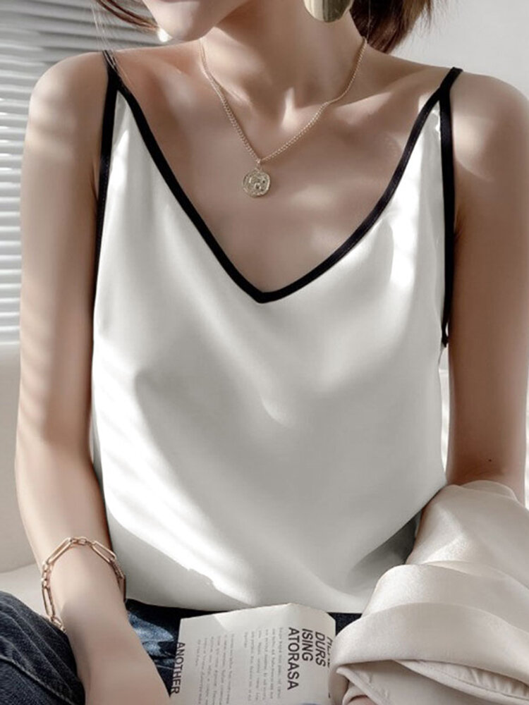 

Women Contrast Satin Adjustable Shoulder Strap V-neck Cami, Black;white;khaki