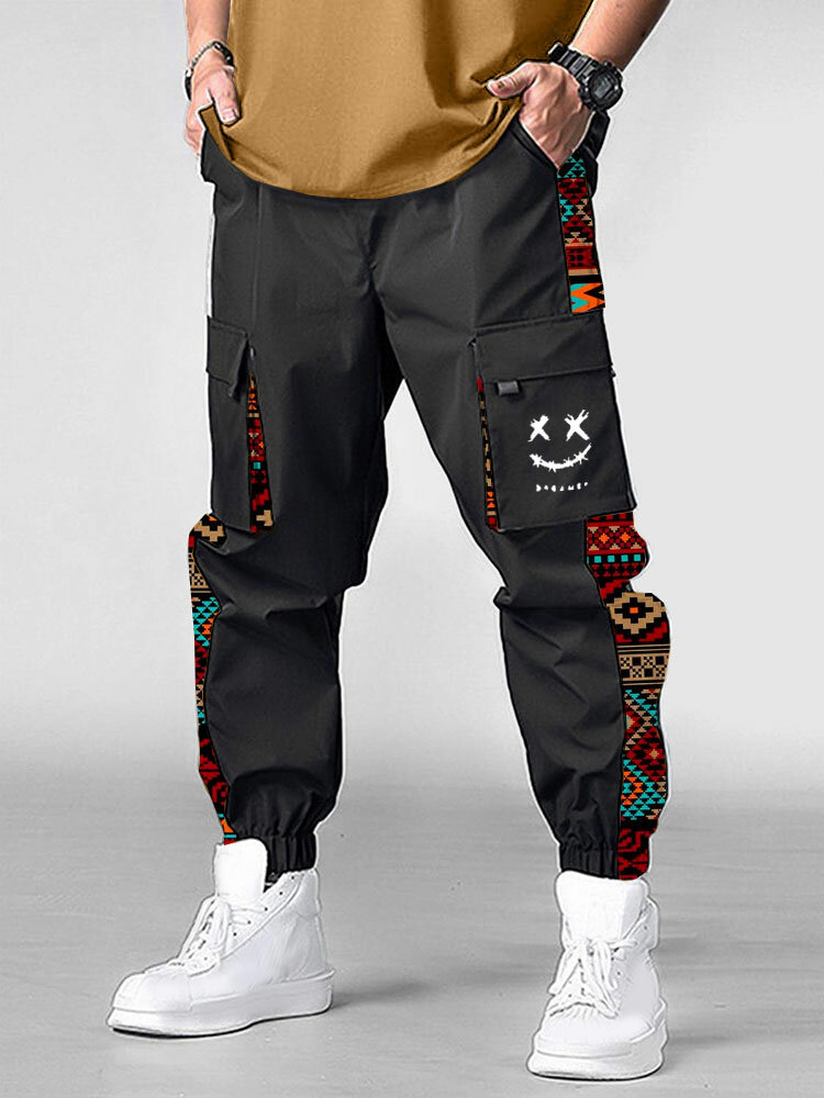 

Mens Smile Ethnic Geometric Print Patchwork Flap Pocket Cargo Pants, Black;khaki