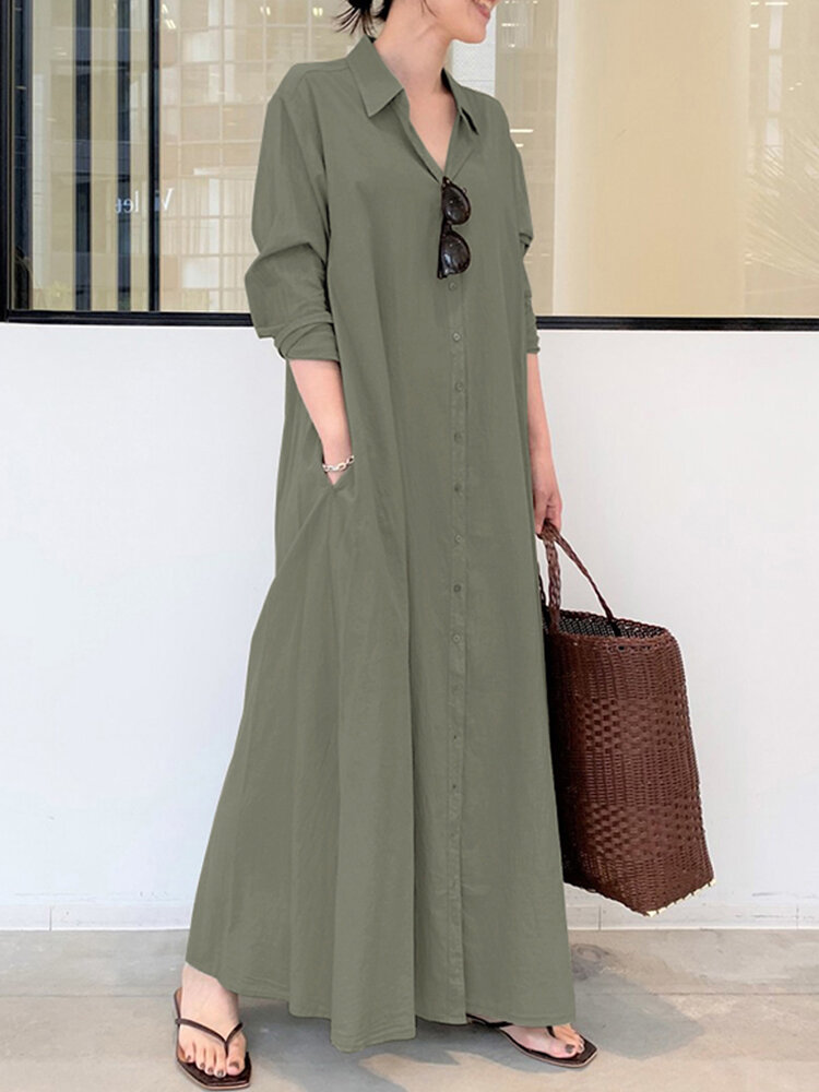 

Solid Color Pocket Button Long SLeeve Casual Dress for Women, Army green;navy;claret