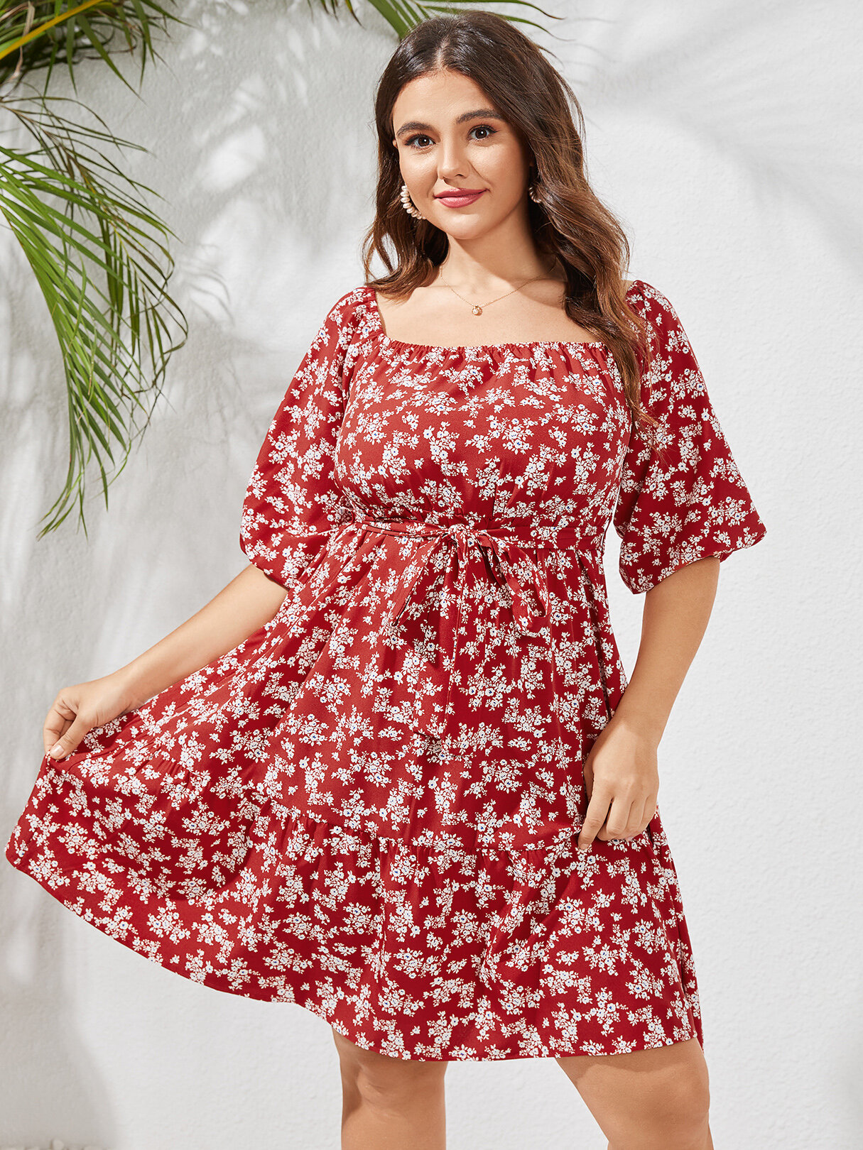 

Plus Size Ditsy Floral Print Square Neck Backless Belted Midi Dress, Red