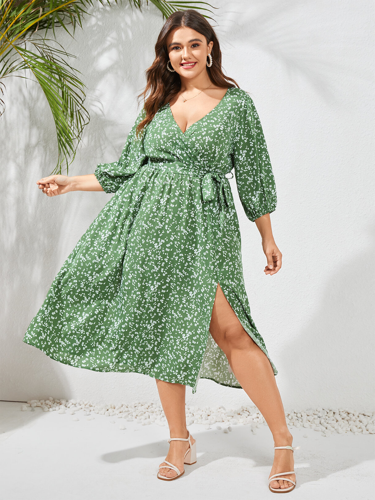 

Plus Size Spotted Print Wrap Design Side Split Belted Maxi Dress, Green