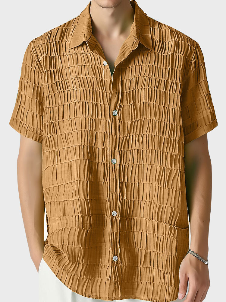 

Mens Solid Textured Lapel Collar Casual Short Sleeve Shirts, Light brown
