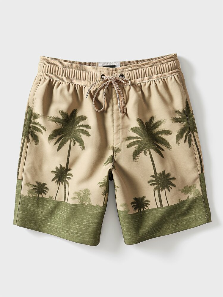 

Mens Coconut Tree Print Hawaiian Vacation Drawstring Waist Shorts, Khaki