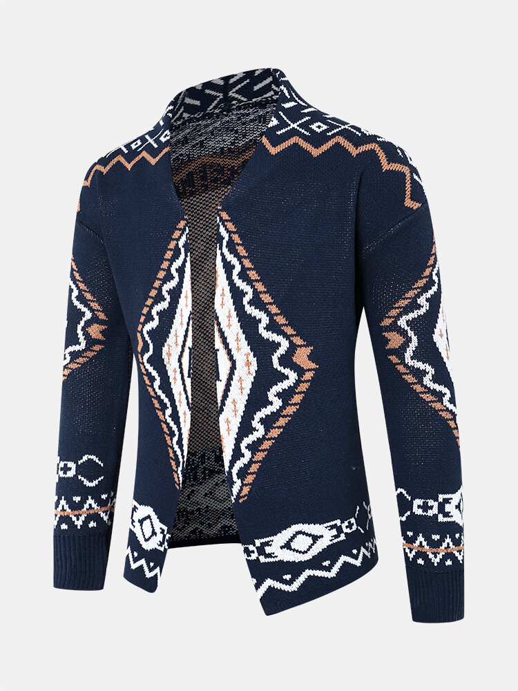

Mens Ethnic Geo Pattern Jacquard Knit Open Front Casual Cardigans, Navy