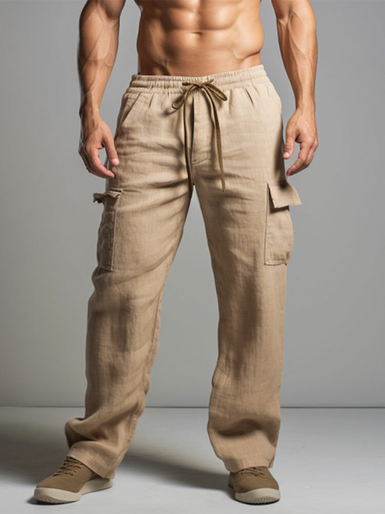 

Mens Solid Flap Pocket Cotton Drawstring Waist Cargo Pants, Khaki