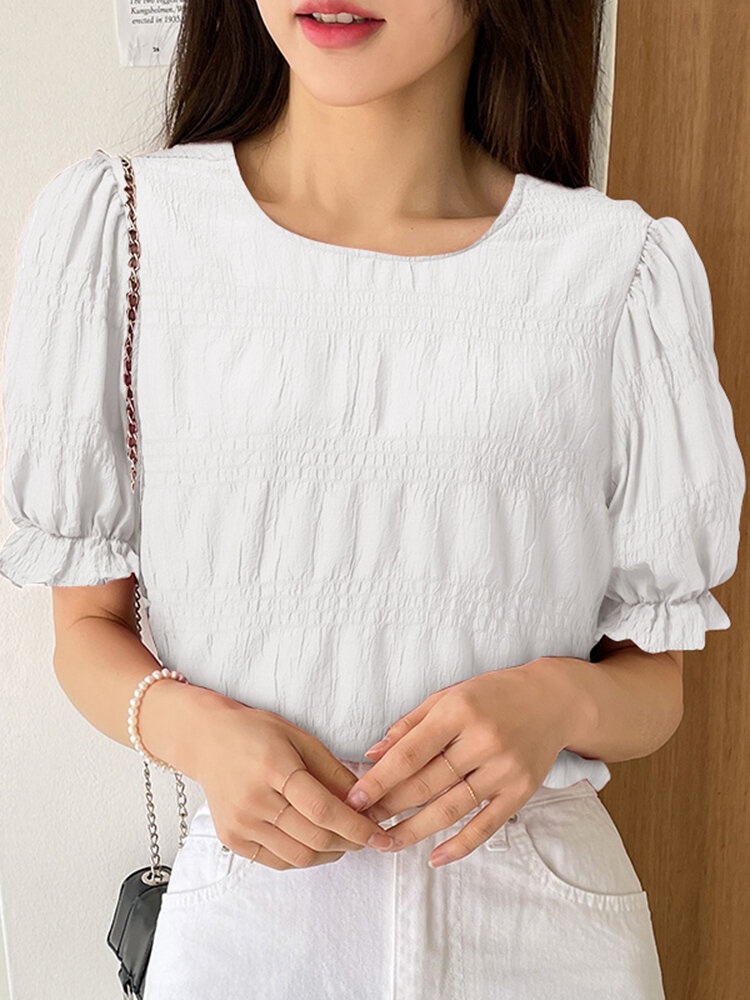 

Textured Solid Puff Sleeve Keyhole Back Crew Neck Blouse, White;black