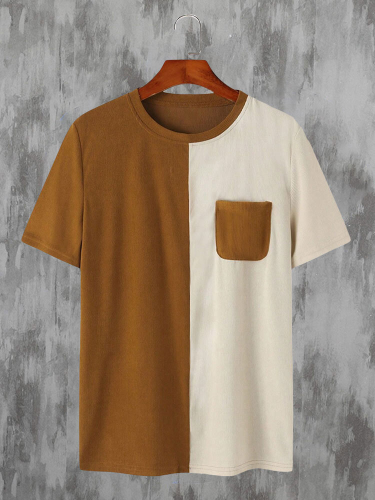 

Mens Contrasting Colors Chest Pocket Short Sleeve T-Shirts, Brown