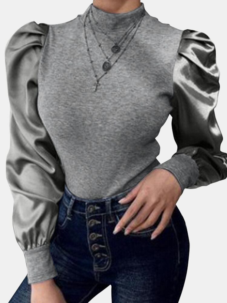 

Solid Color Patched Turtleneck Long Puff Sleeve Blouse, Black;grey