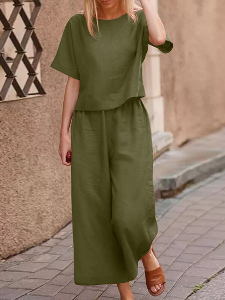 

Solid Elastic Waist Short Sleeve Cotton Casual Suit, Royal;black;army green;orange