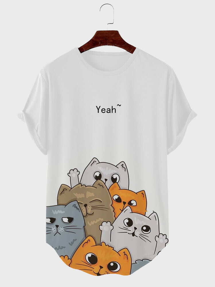 

Mens Cartoon Cat Letter Print Curved Hem Short Sleeve T-Shirts, White