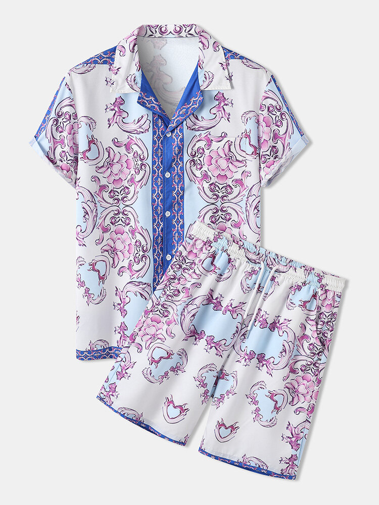 

Mens Pink Baroque Print Revere Collar Shirt & Drawstring Shorts Comfy Co-ords, Blue