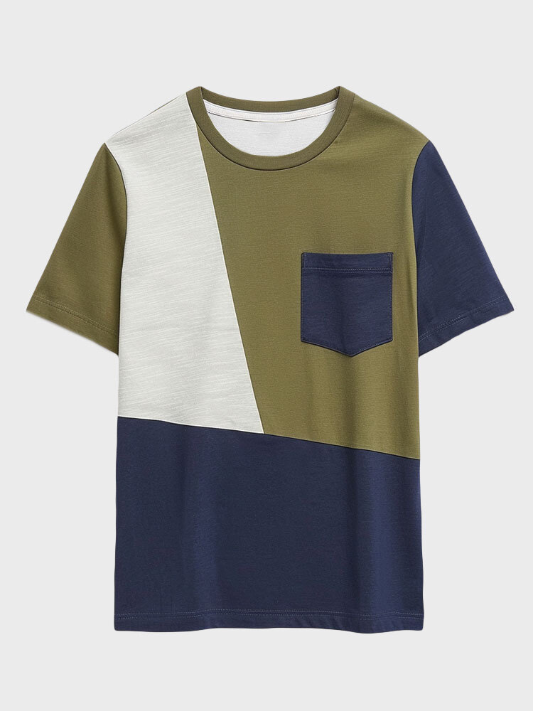 

Mens Color Block Patchwork Chest Pocket Crew Neck T-Shirts, Army green