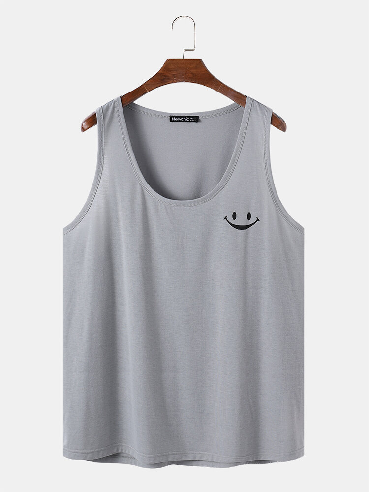 

Plus Size Mens Smile Face Chest Print Round Neck Casual Sleevless Tanks, Gray