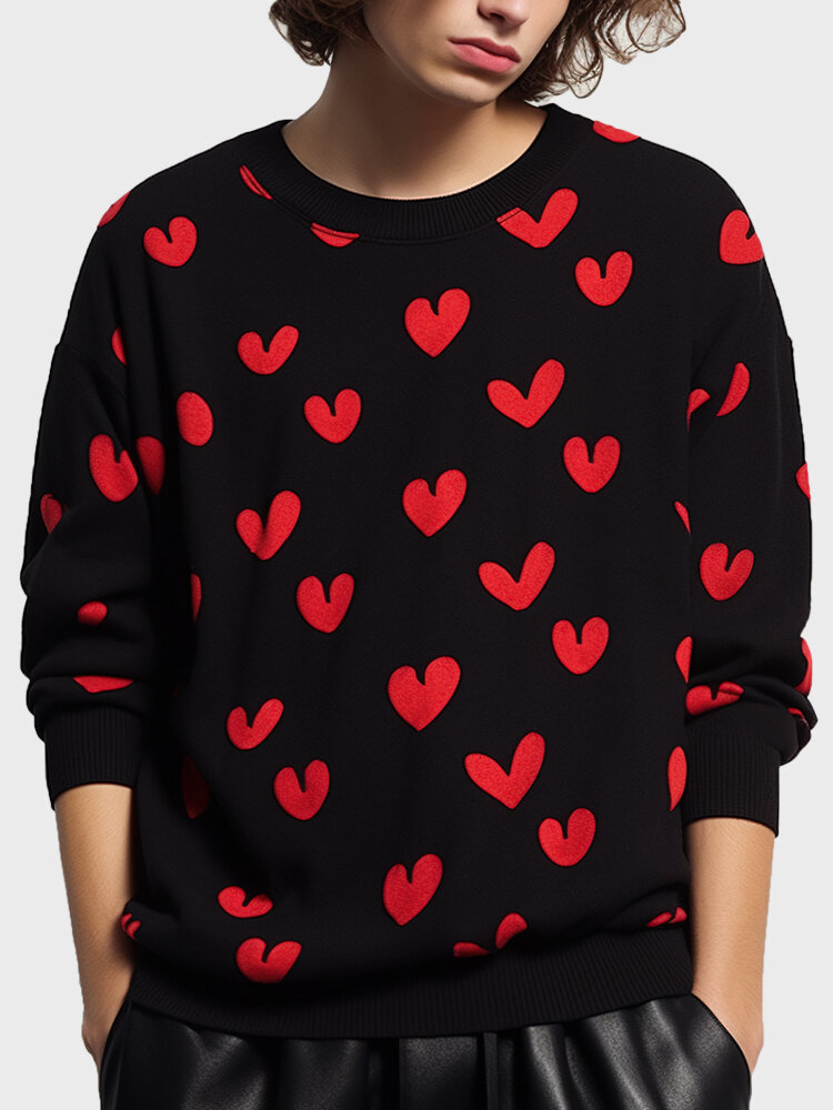 

Mens Allover Heart Print Crew Neck Valentine' Day Pullover Sweatshirts Winter, Black