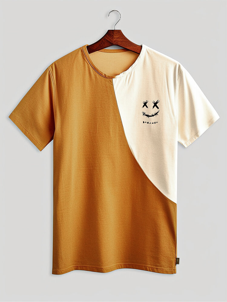 

Mens Smile Face Print Contrast Patchwork Short Sleeve T-Shirts, Orange