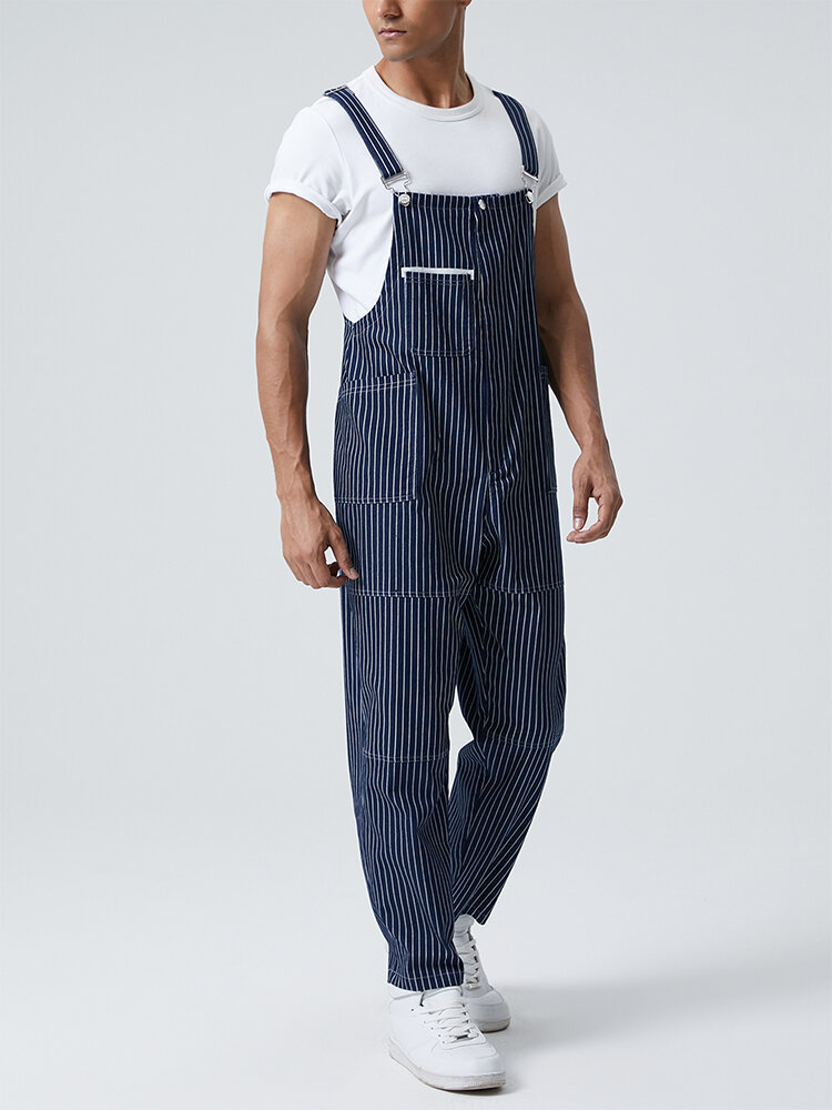 

Mens Pinstripe Multi Pocket Button Detail Loose Overalls Jumpsuits, Navy