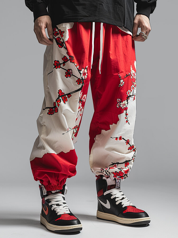 

Mens Contrast Japanese Floral Print Loose Elastic Cuff Pants, Red