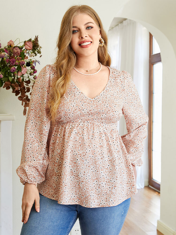 

Plus Size Ditsy Floral Print V-Neck Long Sleeve Blouse, Pink