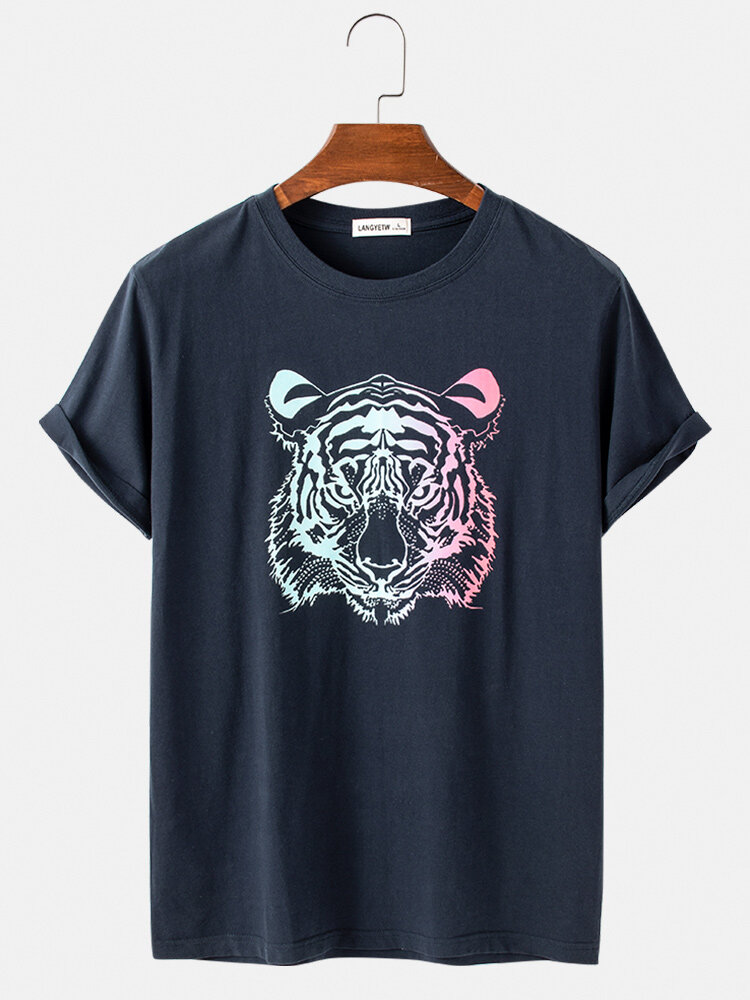 

Mens Multi-Color Tiger Print Loose Casual Breathable O-Neck T-Shirts, Black;white;blue;grey