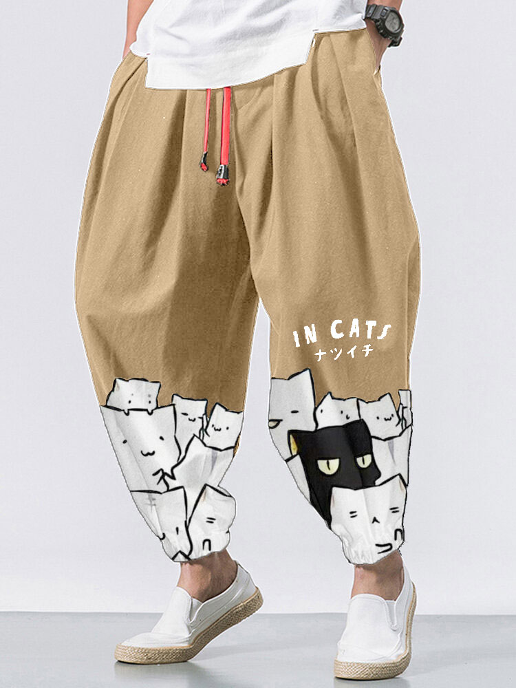 

Mens Japanese Cartoon Cat Print Contrast Drawstring Waist Pants Winter, Black;khaki