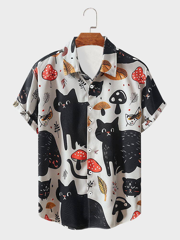 

Mens Cartoon Cat Mushrooms Print Lapel Short Sleeve Shirts, Gray