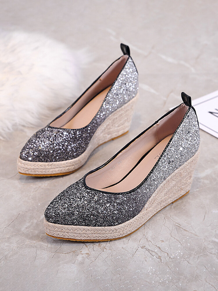 

Women Casual Ombre Sequined Slip-On Pointed Toe Wedges Heel Espadrille Loafers Shoes, Black;pink