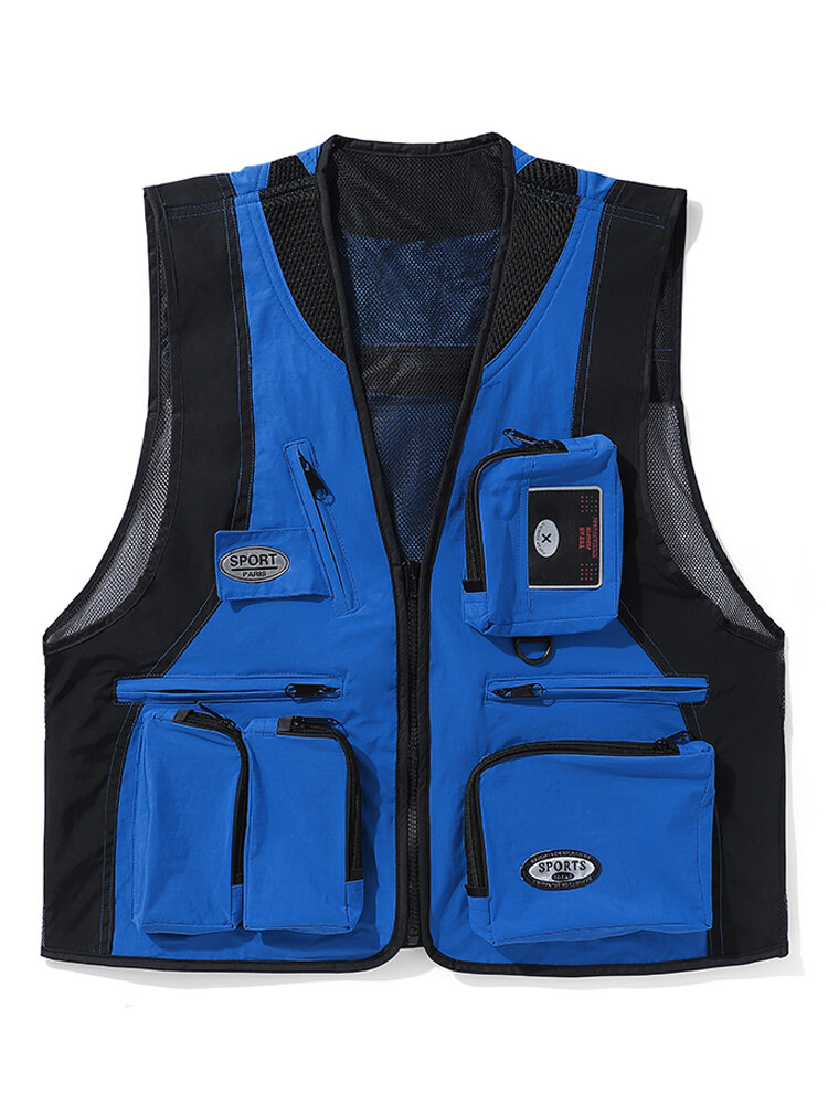 

Men Colorblock Mesh Patchwork Applique Zipper Pocket Breathable Utility Vests, Red;blue