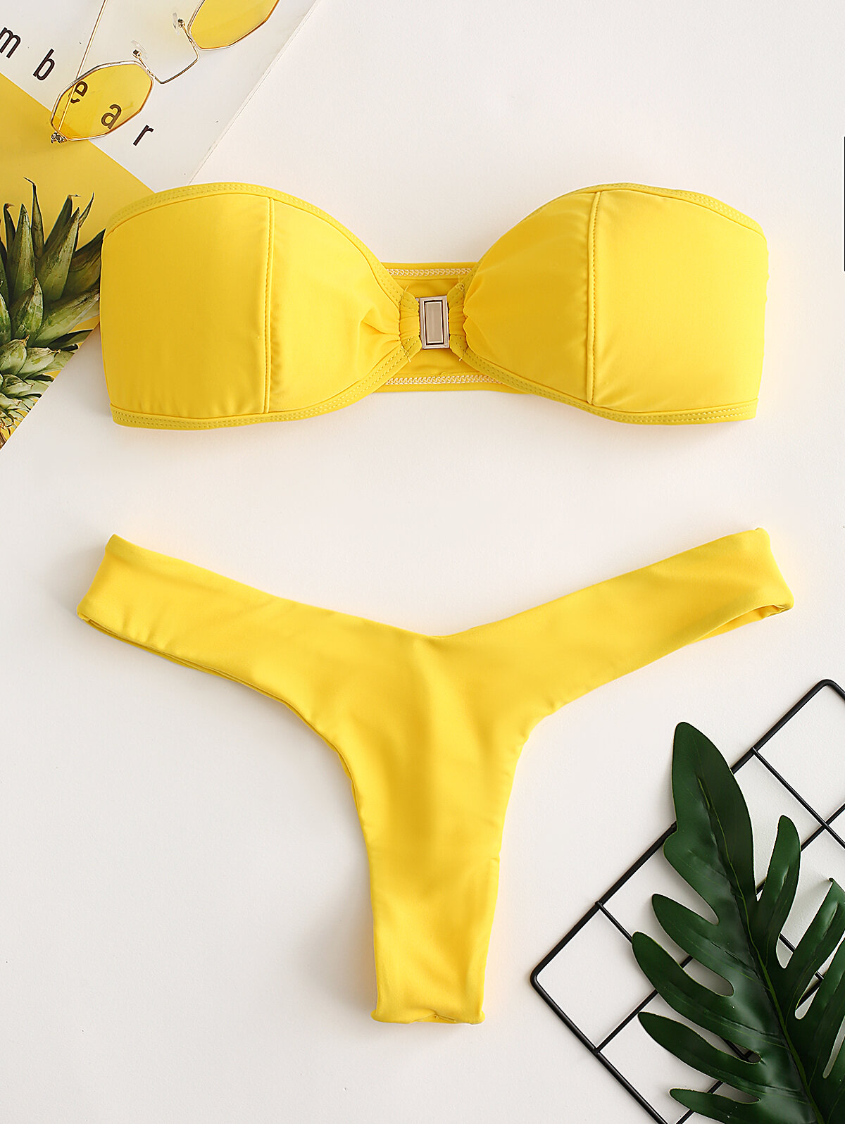 

High Cut Thong Bikinis Push Up Bandeau Solid Color Backless Sexy Women Swimsuits By Newchic, Yellow