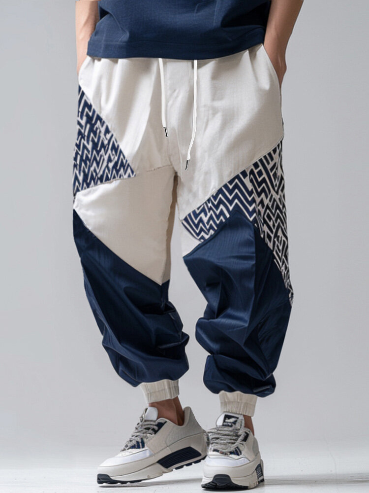 

Mens Ethnic Geometric Pattern Contrasting Colors Loose Pants, White