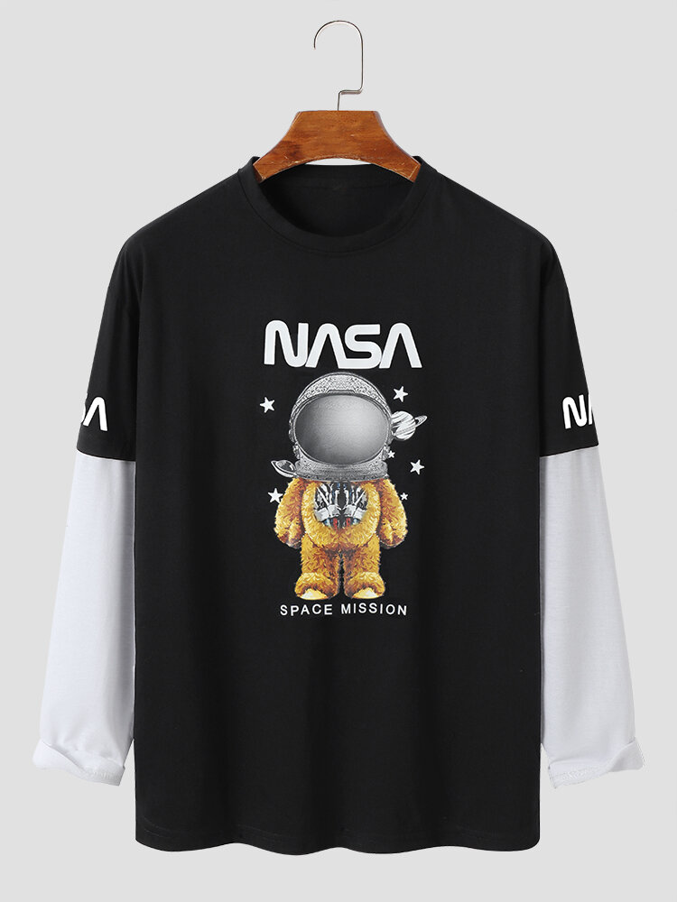 

Mens Cartoon Astronaut Letter Print Contrast Stitching Long Sleeve T-Shirts, Black