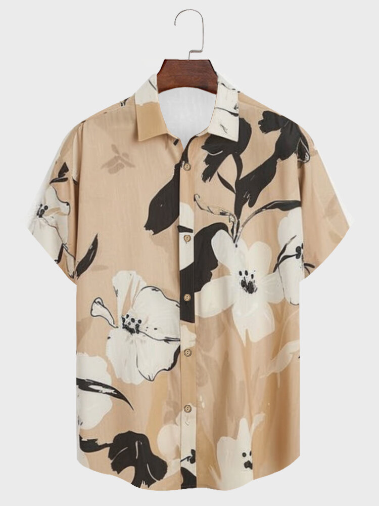 

Mens Watercolor Floral Print Lapel Short Sleeve Shirts, Khaki