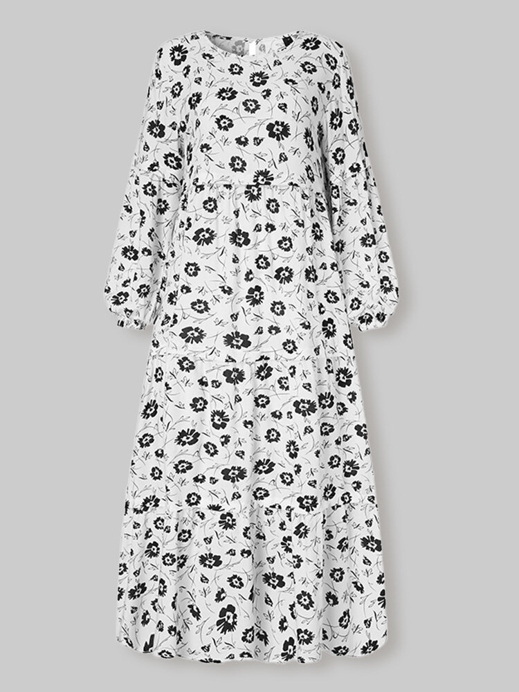 

Floral Calico Print O-neck Long Puff Sleeve Maxi Dress, White