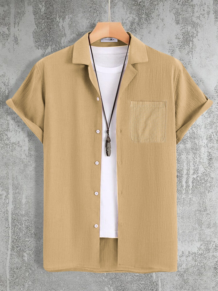 

Mens Textured Revere Collar Solid Cotton Short Sleeve Shirts, Khaki
