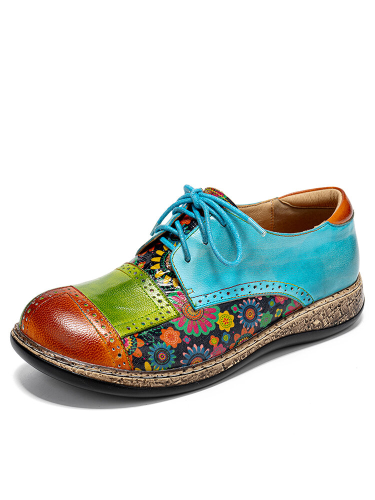 

Socofy Genuine Leather Hand Made Retro Ethnic Colorblock Floral Patch Soft Comfy Oxfords Shoes, Blue