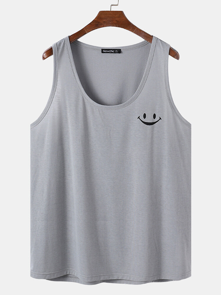 

Plus Size Mens Smile Face Chest Print Round Neck Casual Sleevless Tanks, Gray