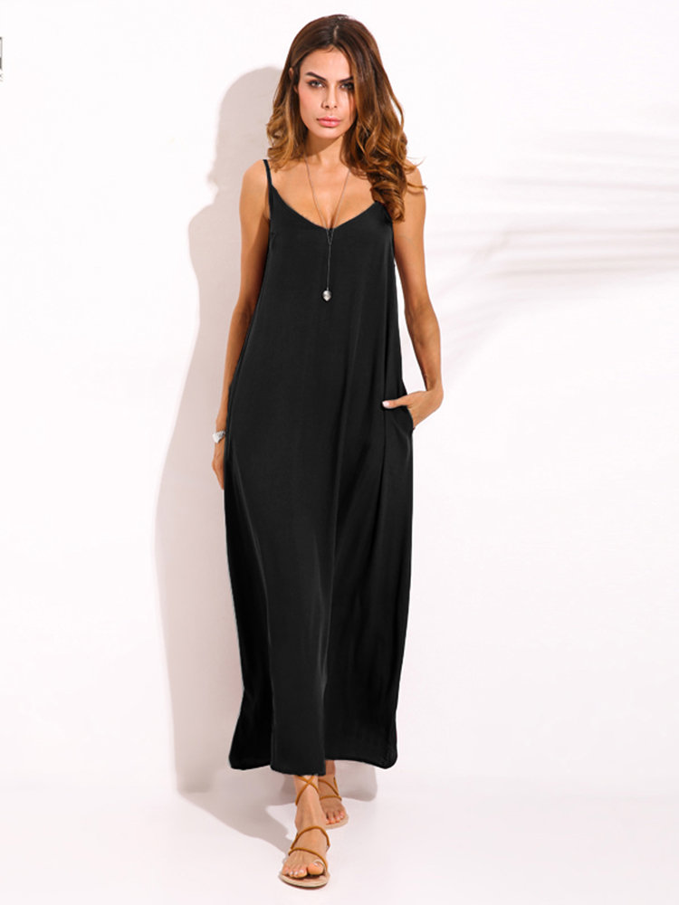 

Sexy Women Bohemian Solid Color Backless V Neck Maxi Sundress, Black;purple red;white