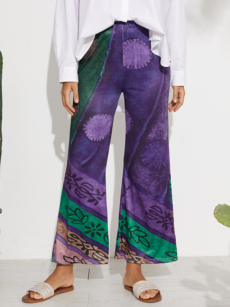 

Color Contrast Ethnic Print Flare Pants, Red;grey;purple;khaki;claret;green