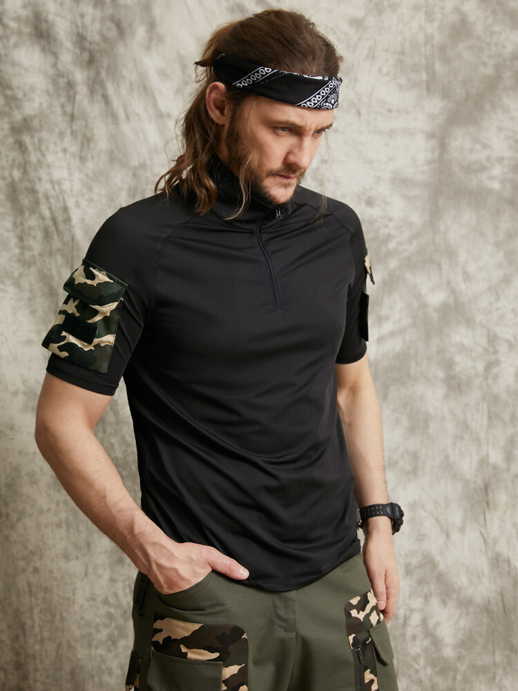 

Men Camo Double Pocket Velcros Details Casual Skin Friendly Short Sleeve T-Shirt, Black