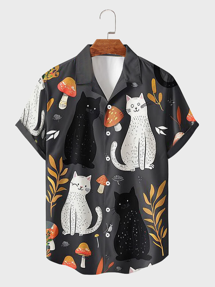 

Mens Cartoon Cat Mushrooms Print Button Up Short Sleeve Shirts, Dark gray